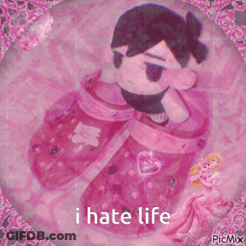 A Picture Of A Stuffed Animal With The Words " I Hate Life " GIF