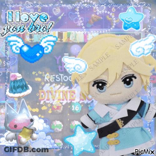 A Picture Of A Stuffed Animal With Wings And The Words I Love You Bro GIF