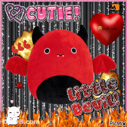 A Picture Of A Stuffed Devil With The Words Little Devil Written On It GIF