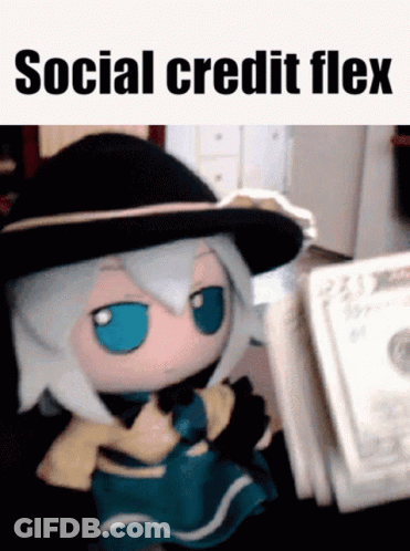 A Picture Of A Stuffed Doll With The Words Social Credit Flex On It GIF