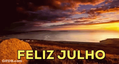 A Picture Of A Sunset Over The Ocean With The Words Feliz Julho GIF