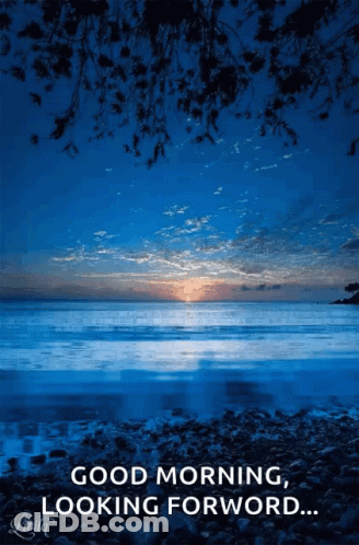A Picture Of A Sunset Over The Ocean With The Words " Good Morning Looking Forward " GIF