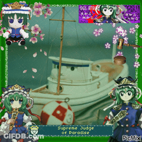 A Picture Of A Supreme Judge Of Paradise Surrounded By Flowers And A Boat GIF