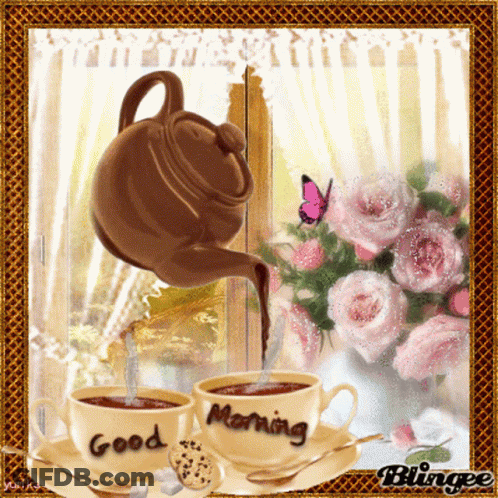 A Picture Of A Teapot Pouring Coffee Into A Cup That Says Good Morning GIF