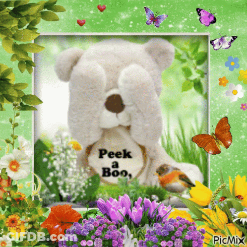A Picture Of A Teddy Bear Covering His Eyes With Flowers And Butterflies GIF