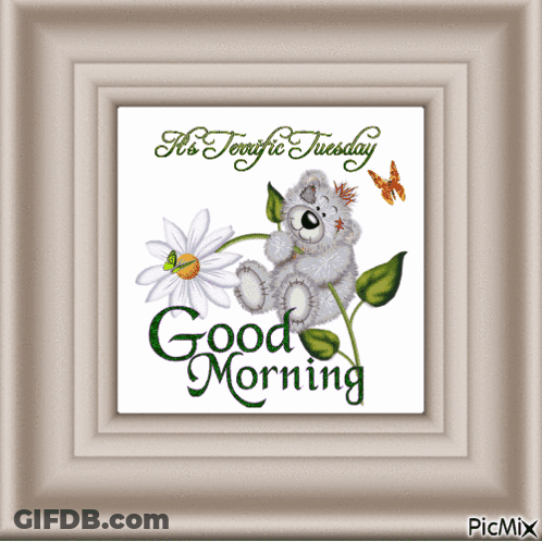 A Picture Of A Teddy Bear Sitting On A Flower With The Words Good Morning GIF