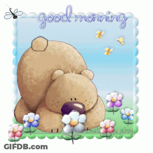 A Picture Of A Teddy Bear With Flowers And The Words Good Morning Written On It GIF