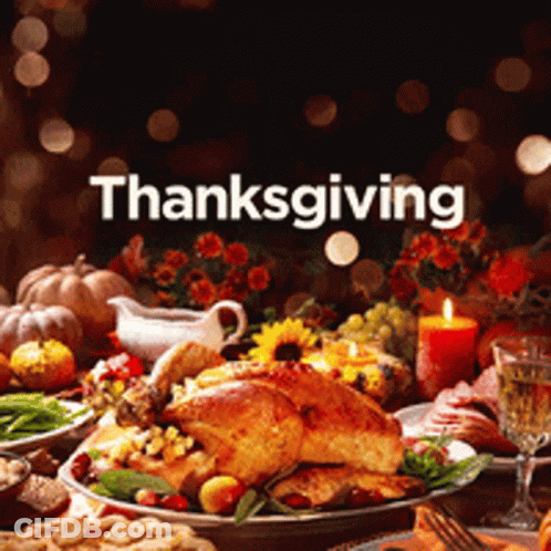 A Picture Of A Thanksgiving Table With A Turkey On It GIF