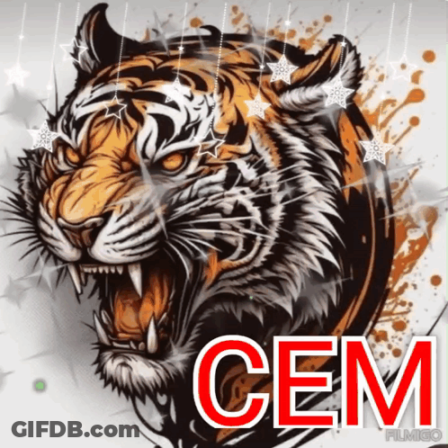 A Picture Of A Tiger With The Word Cem Written Below It GIF