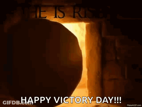 A Picture Of A Tomb With The Words He Is Risen Happy Victory Day Written Above It GIF