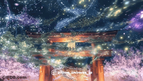 A Picture Of A Torii Gate Surrounded By Cherry Blossoms With The Hashtag Anime Universe_jp GIF