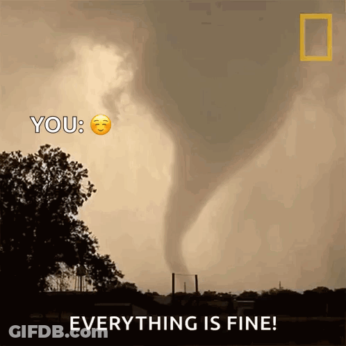 A Picture Of A Tornado With The Words " Everything Is Fine " Below It GIF