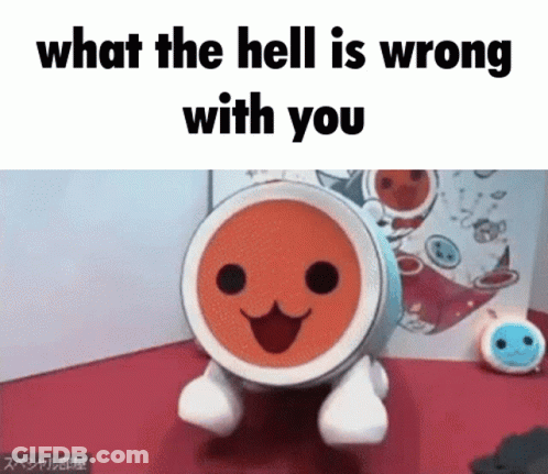 A Picture Of A Toy Drum With The Words What The Hell Is Wrong With You GIF