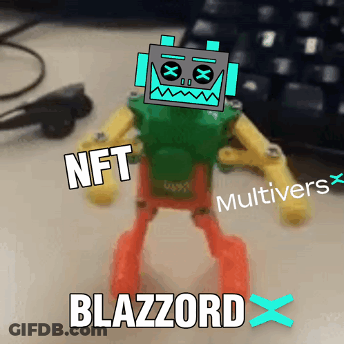 A Picture Of A Toy Robot With The Words Nft Blazzard On It GIF