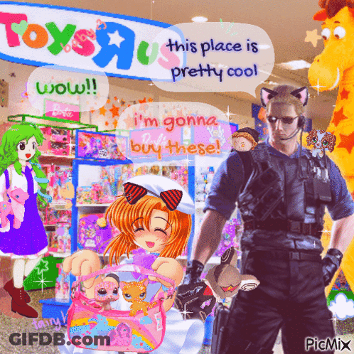 A Picture Of A Toys R Us Store With A Police Officer And A Girl GIF