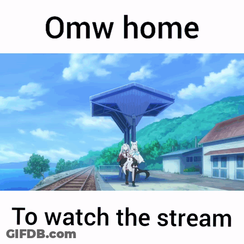A Picture Of A Train Station With The Words Omw Home To Watch The Stream On The Bottom GIF