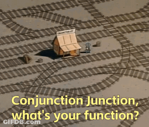 A Picture Of A Train Track With The Words Conjunction Junction What 'S Your Function On It GIF