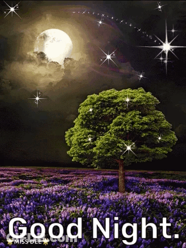 A Picture Of A Tree In A Field With The Words " Good Night " Below It GIF