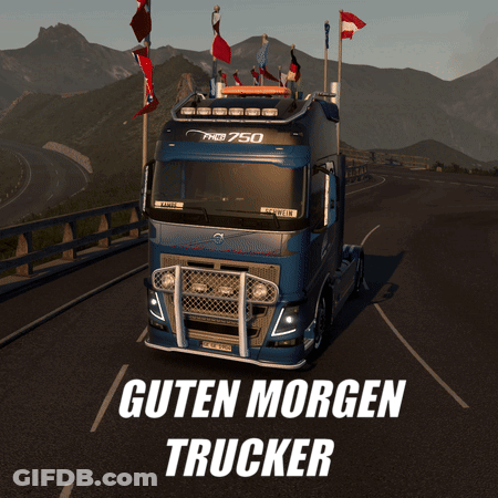 A Picture Of A Truck With The Words Guten Morgen Trucker GIF