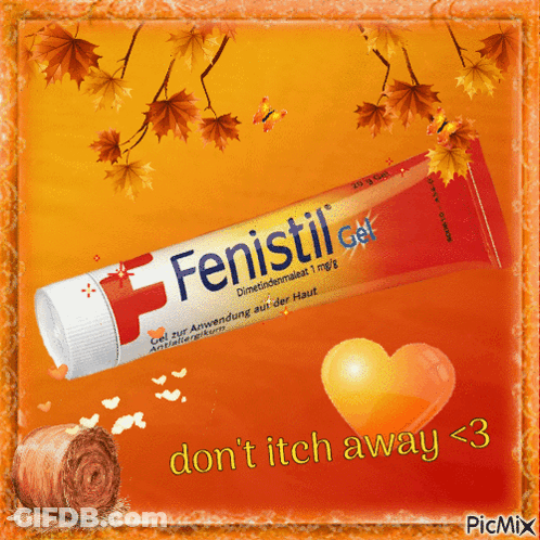 A Picture Of A Tube Of Fenistil Gel With A Heart And Leaves In The Background GIF