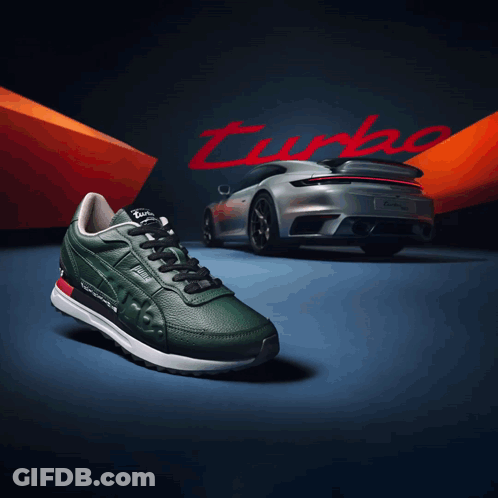 A Picture Of A Turbo Car Behind A Pair Of Shoes GIF