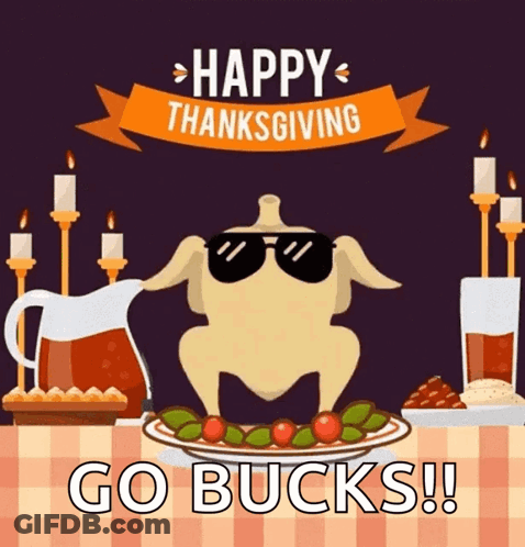 A Picture Of A Turkey Wearing Sunglasses With The Words Happy Thanksgiving Go Bucks Written Below It GIF