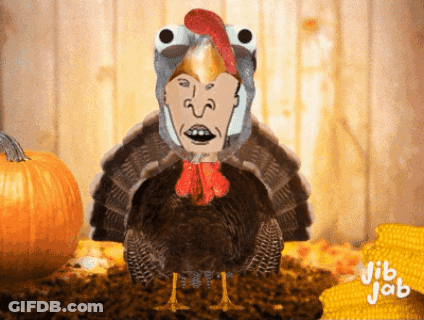 A Picture Of A Turkey With A Man 'S Face On Its Head GIF