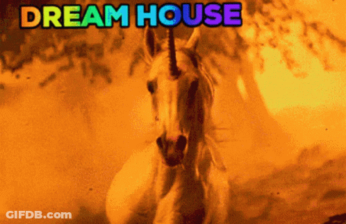 A Picture Of A Unicorn With The Words Dream House On It GIF