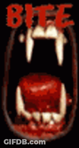 A Picture Of A Vampire 'S Mouth With The Words Bite Written Above It . GIF