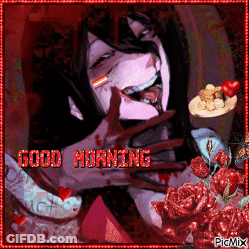 A Picture Of A Vampire With The Words Good Morning Written In Red GIF