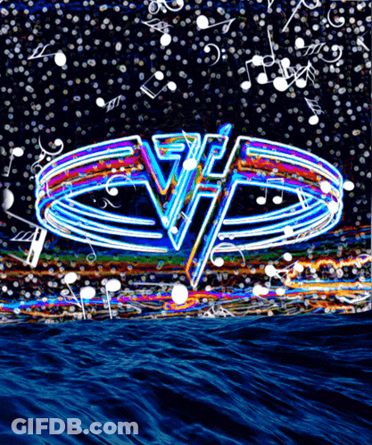 A Picture Of A Van Halen Logo With Music Notes Around It GIF