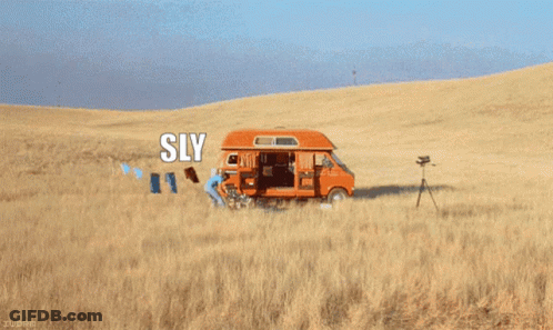 A Picture Of A Van In A Field With The Words Sly On It GIF