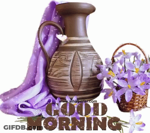 A Picture Of A Vase With Purple Flowers And The Words " Good Morning " GIF