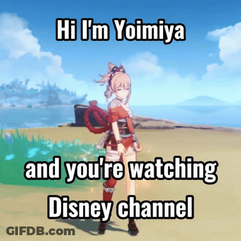A Picture Of A Video Game Character Says Hi I 'M Yoimiya And You 'Re Watching Disney Channel GIF
