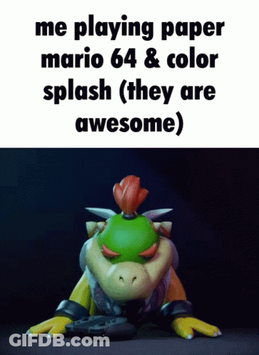 A Picture Of A Video Game Character That Says Me Playing Paper Mario 64 And Color Splash ( They Are Awesome ) GIF