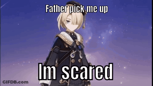 A Picture Of A Video Game Character With A Caption That Says `` Father Pick Me Up Im Scared '' . GIF