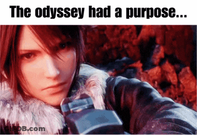 A Picture Of A Video Game Character With The Words " The Odyssey Had A Purpose " Above It GIF