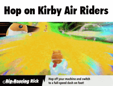 A Picture Of A Video Game With The Words Hop On Kirby Air Riders GIF