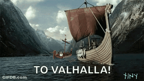 A Picture Of A Viking Ship With The Words To Valhalla On It GIF