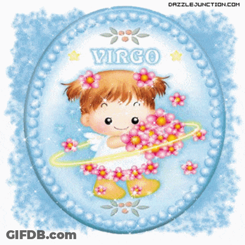 A Picture Of A Virgo Zodiac Sign With A Little Girl Holding Flowers GIF