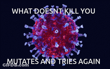 A Picture Of A Virus With The Words " What Does Nt Kill You Mutates And Tries Again " GIF