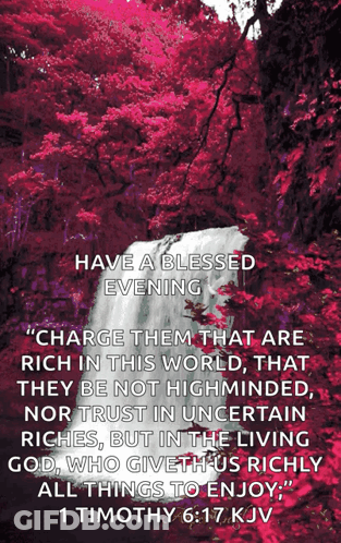 A Picture Of A Waterfall With A Bible Verse From 1 Timothy GIF