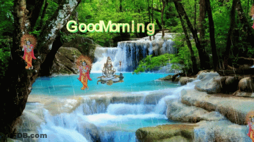 A Picture Of A Waterfall With The Words Good Morning On The Bottom GIF