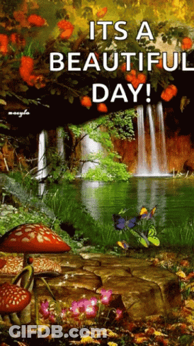 A Picture Of A Waterfall With The Words It 'S A Beautiful Day On It GIF