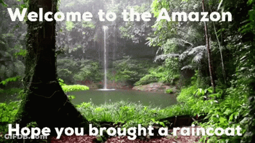A Picture Of A Waterfall With The Words Welcome To The Amazon Hope You Brought A Raincoat Below It GIF