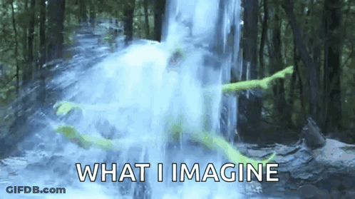 A Picture Of A Waterfall With The Words What I Imagine Written Below It GIF