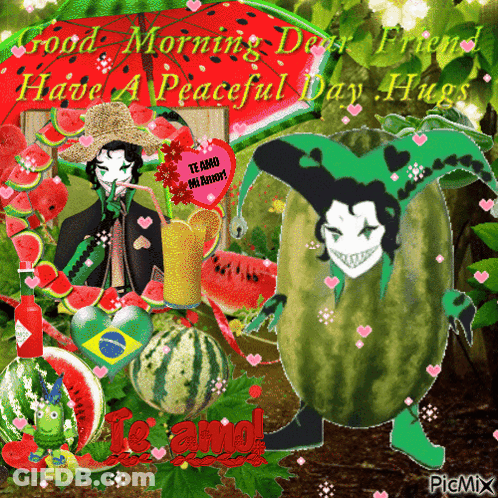 A Picture Of A Watermelon With The Words " Good Morning Dear Friend Have A Peaceful Day Hugs " On It GIF