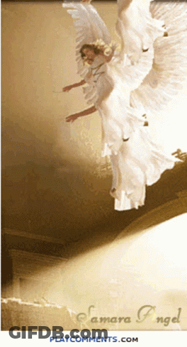A Picture Of A White Angel With The Words Samara Angel On The Bottom Right GIF