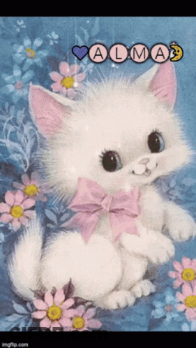 A Picture Of A White Cat With A Pink Bow And The Name Alma On The Bottom GIF