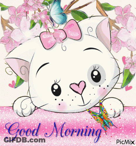 A Picture Of A White Cat With A Pink Bow On Its Head And The Words Good Morning On The Bottom GIF